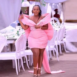 Trendy African Short Wedding Guest Dress Pink Sheer Neck Big Bow Aso Ebi Birthday Dress 2025 New Black Girls Formal Party Dress