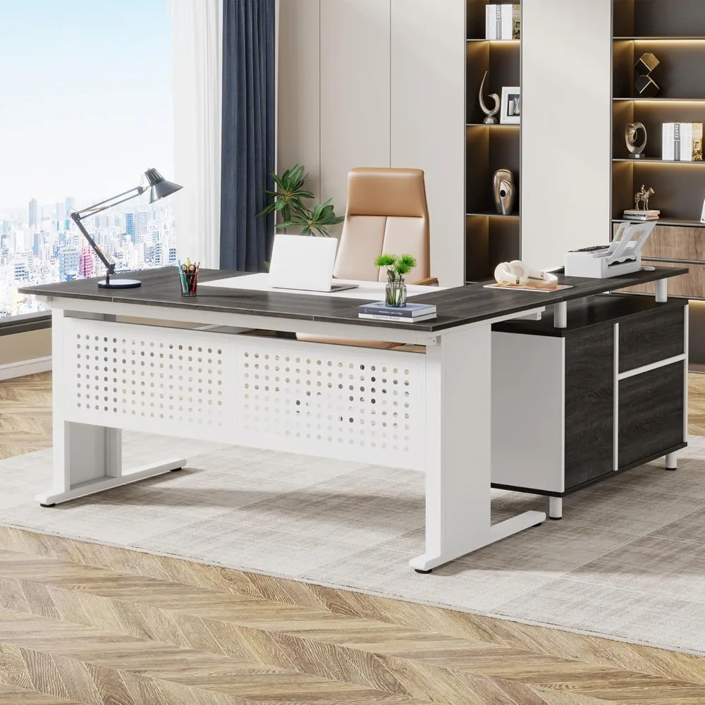 

63 Inch Executive Desk with File Cabinet, L Shaped Office Desk with Drawers and Storage Shelves, Business Furniture Set