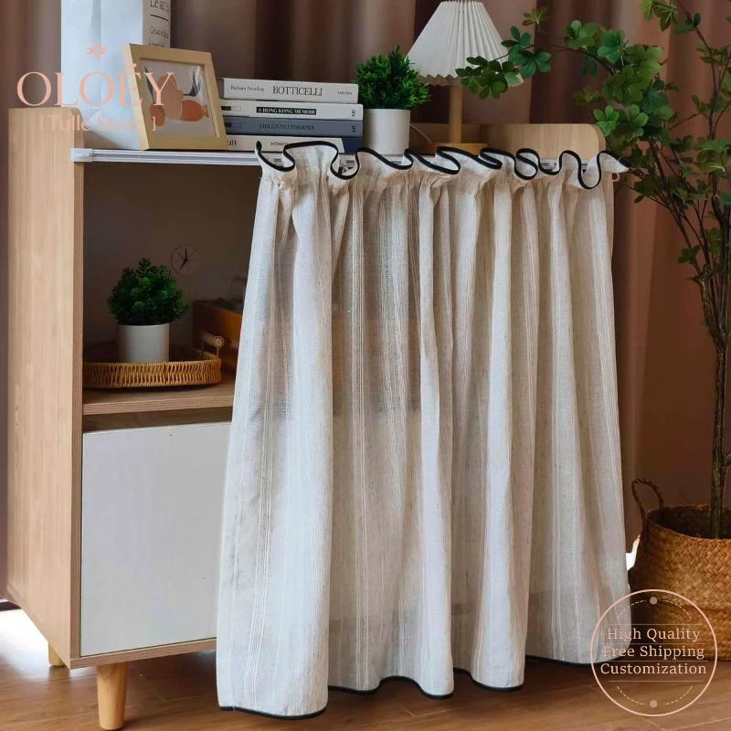 

Short Striped Curtain for Kitchen Japanese Solid Color Cupboard Study Sheer Window Drape Top Bottom Edging Space Saving Window