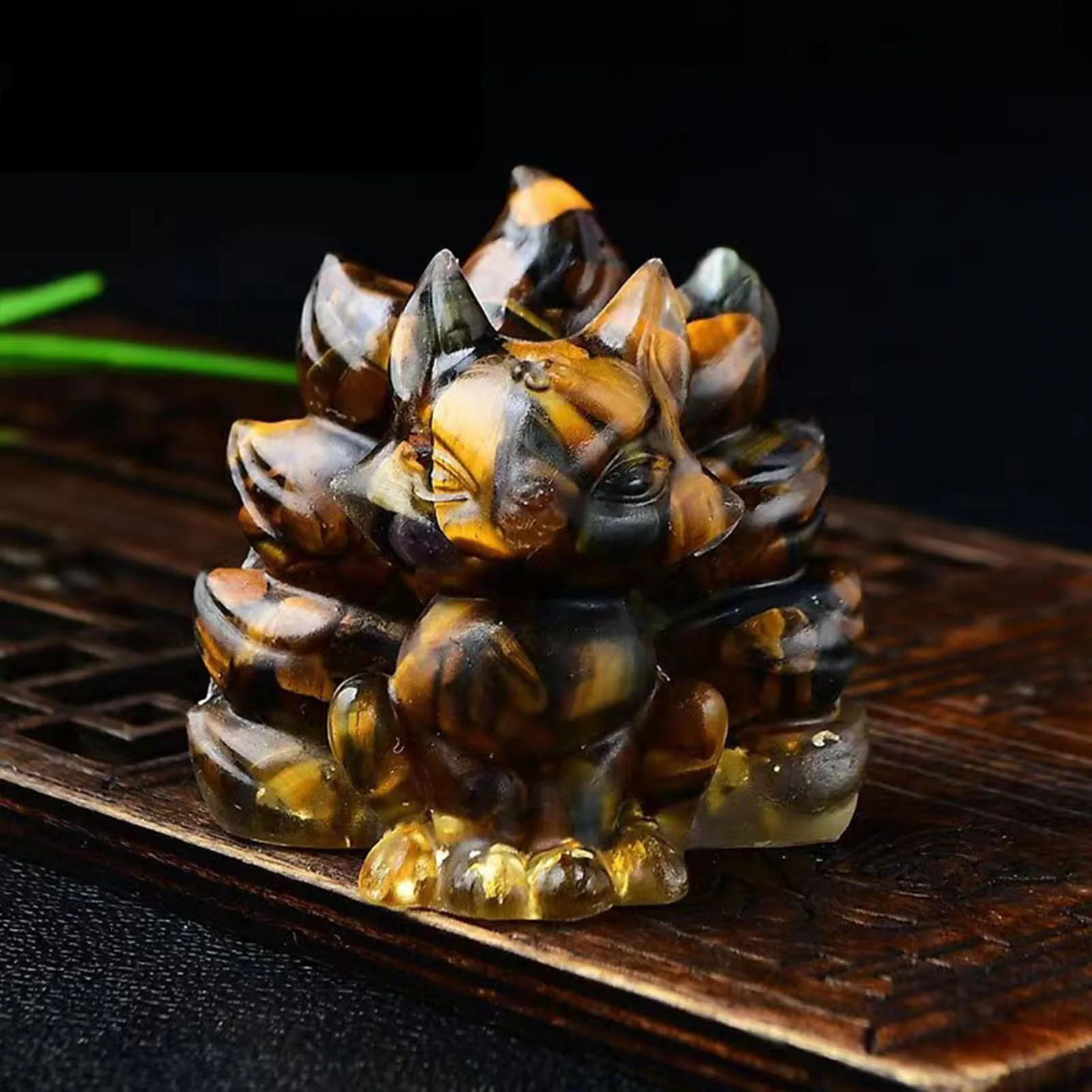 Chinese Style Nine Tailed Fox Ornament Natural Resin Crushed Stone Lucky Fox Decoration Ornament For Home Table Car Bar Counter