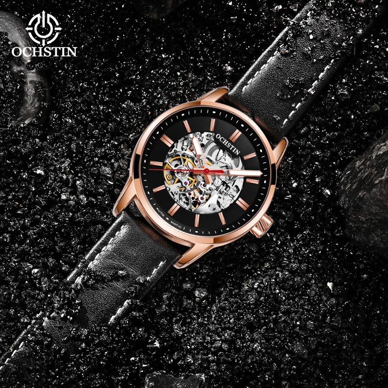 OCHSTIN Master Series Men Skeleton Mechanical Watch Premium Cowhide Leather Strap Daily Waterproof Luxury Business Wristwatch