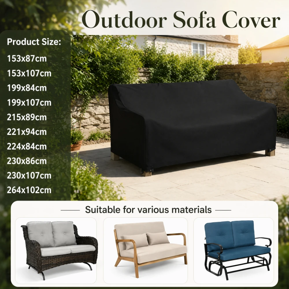 10 Size Terrace Double Sofa Cover, Outdoor Furniture Cover Protector with Adjustable Buckles & Windproof Drawstring