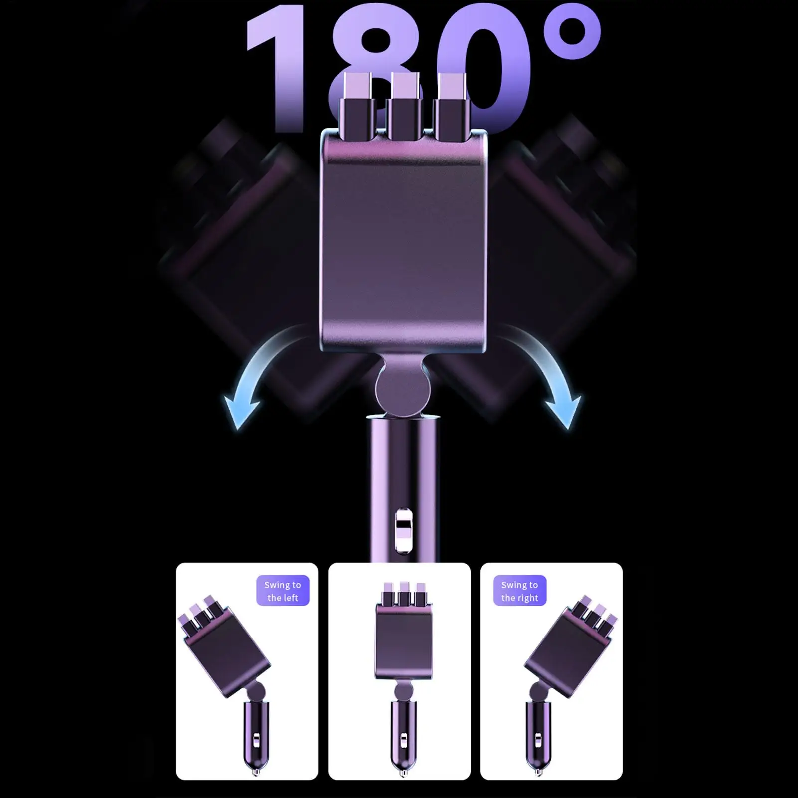 Car Charger With Retractable Cables 2 USB Ports 18W Fast Charging Atmosphere Lighting Car Charger USB For Daily Commute