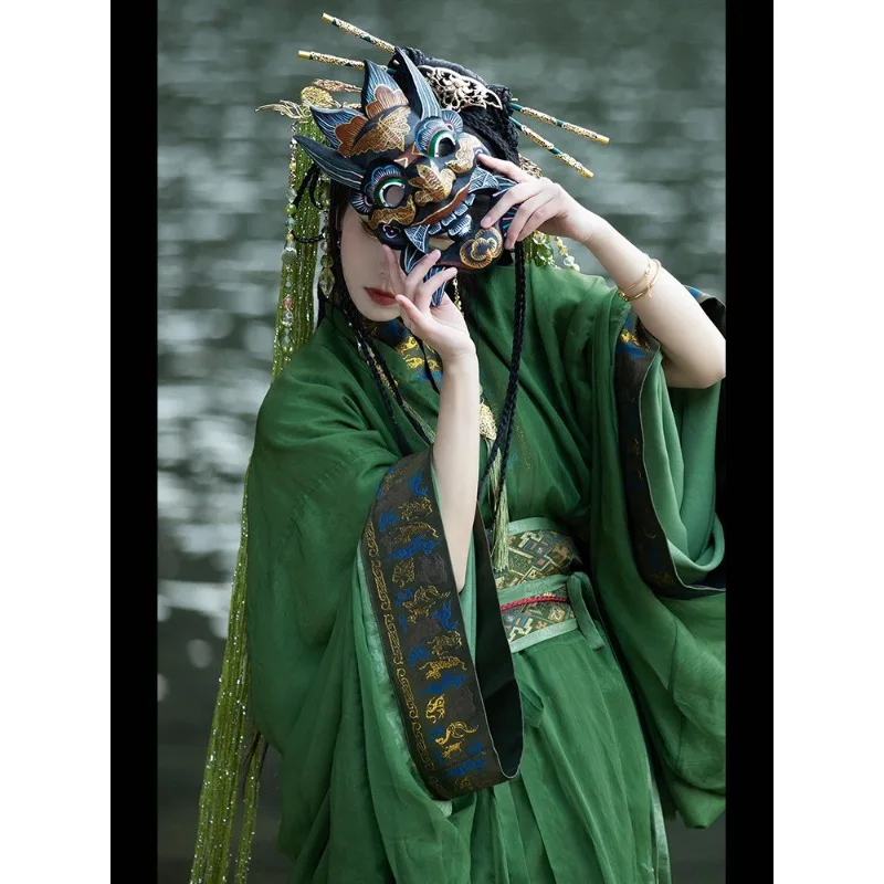 2026 new green Warring States robe Hanfu women's ancient clothing straight train ancient style cold spring and summer