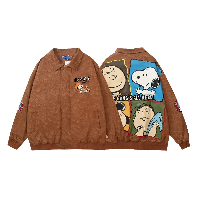 

Ветрозащитная куртка в стиле аниме «Снупи», забавная куртка с лацканами в стиле ретро, мужская и женская осенне-зимняя свободная повседневная модная кожаная куртка для пары, подарок