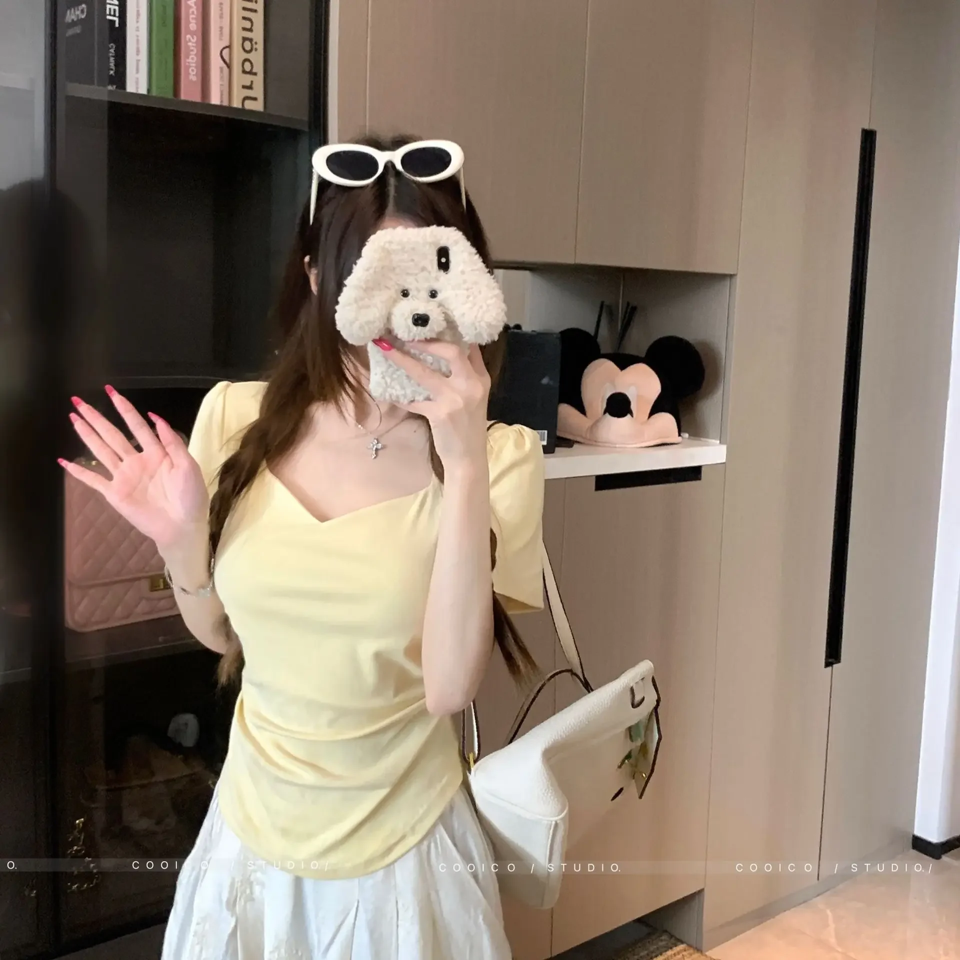 T-shirt a maniche corte con colletto quadrato e maniche a palloncino larghe Donna Estate Nuovo top capispalla dimagrante con copertura di carne taglie forti