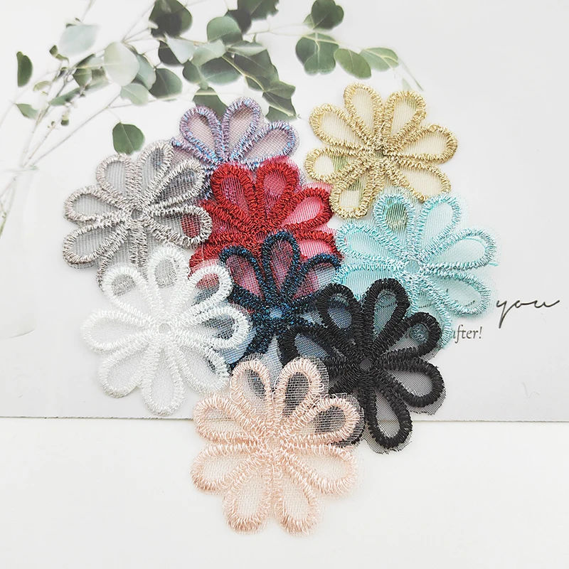 Exquisite Embroidered Mesh Flower Appliques, DIY Headwear, Hair Clips, Decor Clothes Patches, Accessories, 3.2cm, 50Pcs