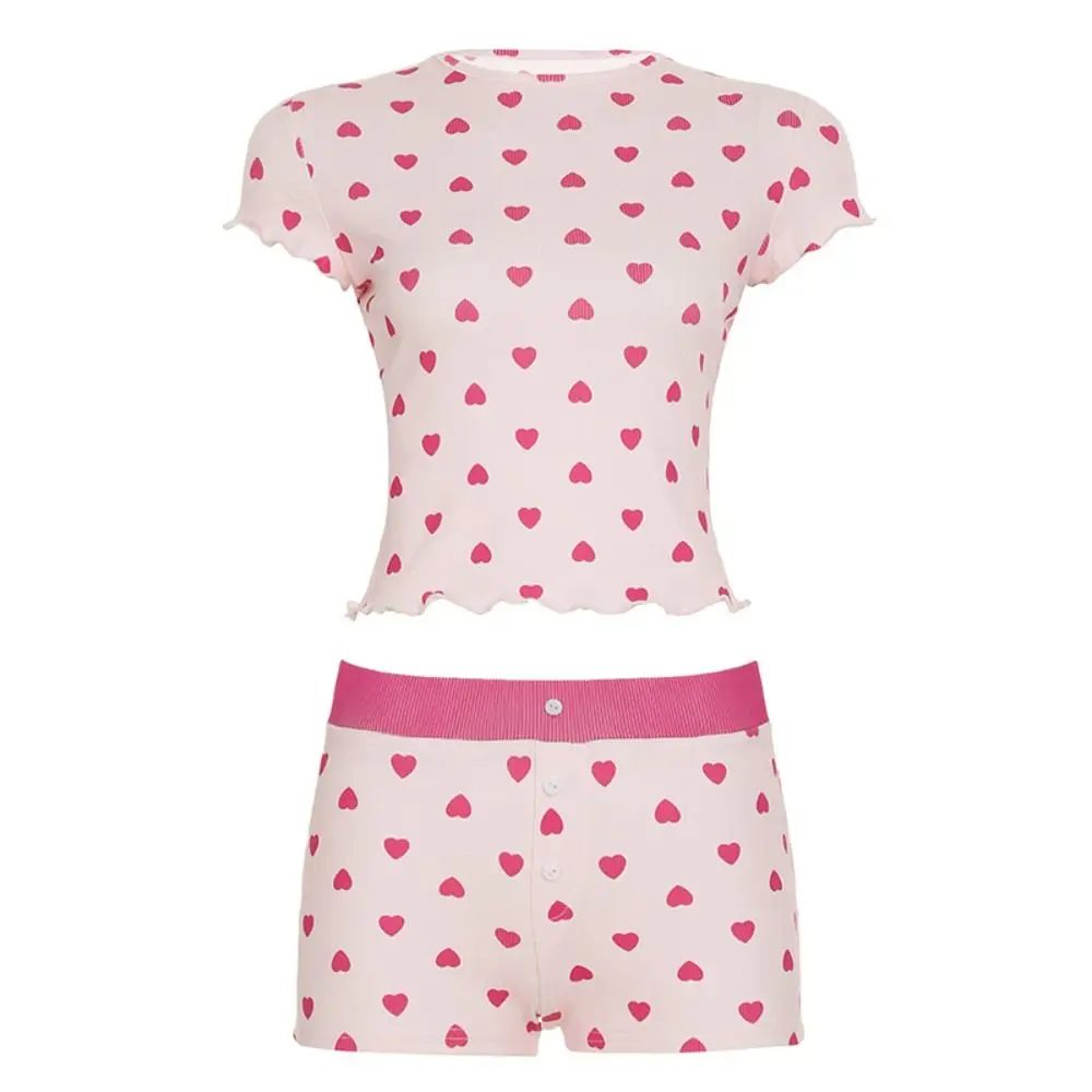 

Soft Sweet Short Sleeve Pajamas Set Thin Heart Camisole Shorts Nightdress Euffle Homewear Two Pieces Nightwear Indoor