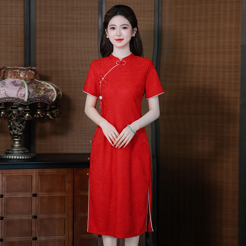 Plus Size Red New Chinese Style Cheongsam, Modern Modified Qipao Dress for Wedding Guest, Curvy Party Gown