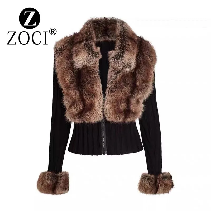 [ZOCI] High Version Environmentally Friendly Plush Lapel Long Sleeved Cardigan Patchwork Simulation Fur Girl Sweater