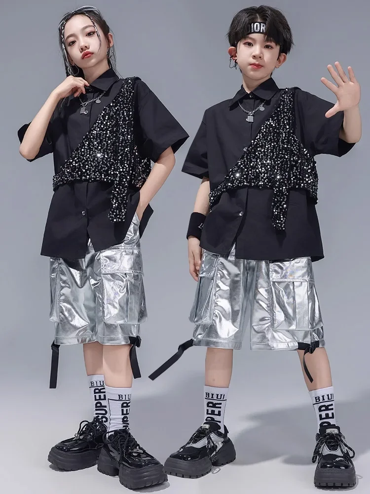 Boys Hip Hop Dance Costume Kids Black Shirt Mini Vest Silver Shorts Performance Suit Girls Group Jazz Dance Set