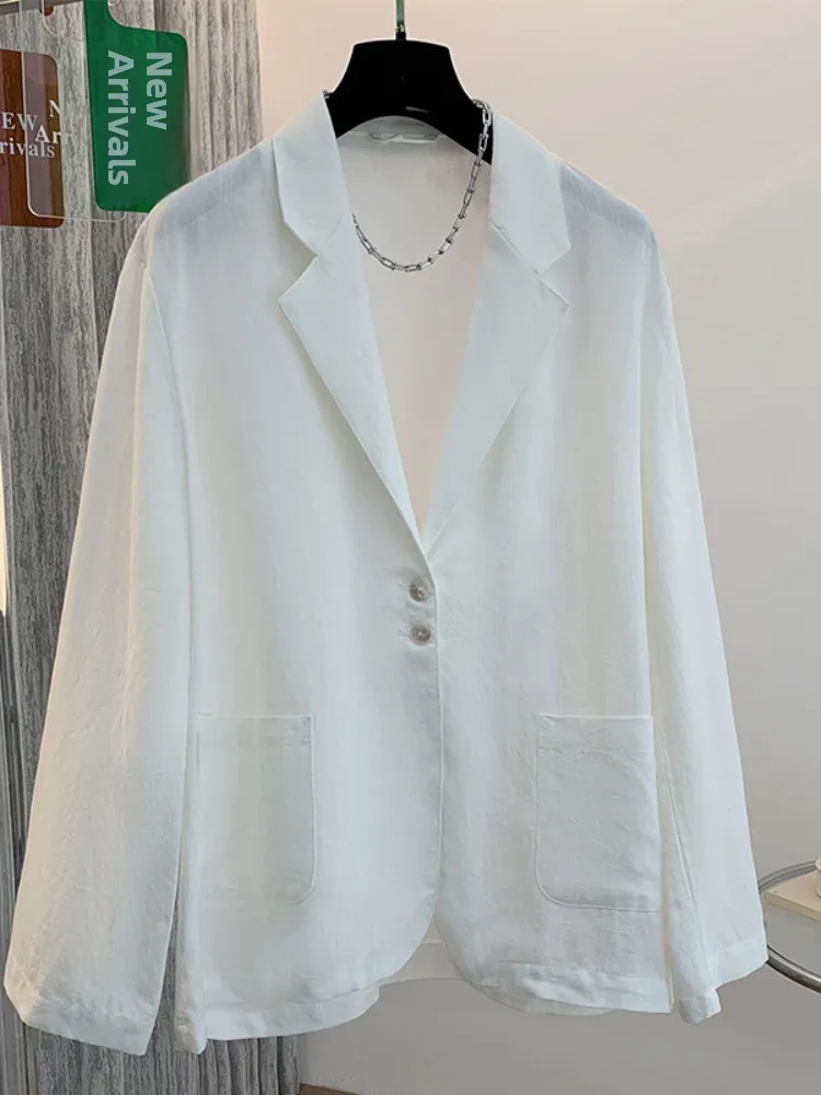Retro Korean Style Linen Suit Jacket Women Early Autumn White Lazy Style Simple Outerwear Long Sleeve Loose Fit Top