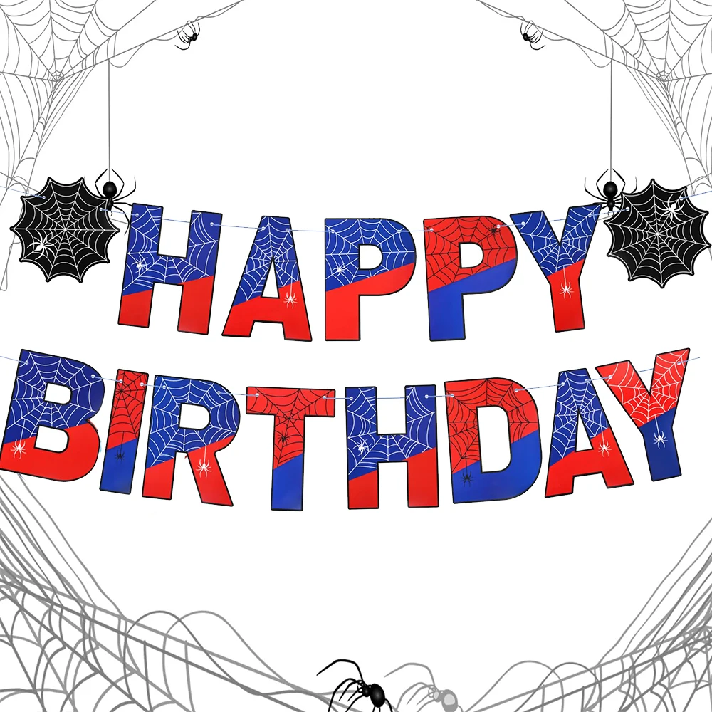 Spinnen-Thema, alles Gute zum Geburtstag, Banner, rot, blau, Geburtstags-Banner, Hängeschild, Wimpelkette, Kinder, Jungen, Spinnennetz, Party-Hintergrund, Dekoration