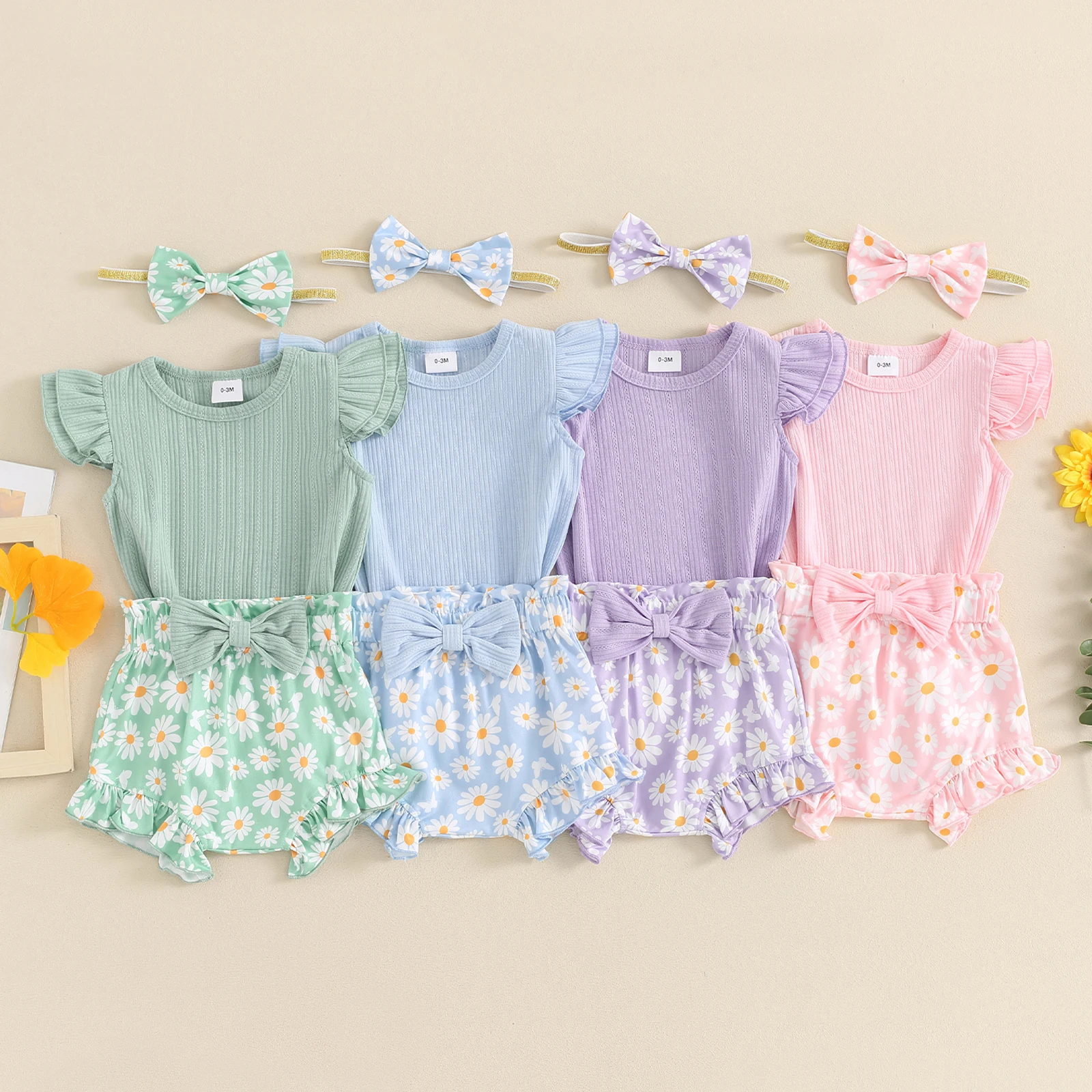 

Baby Girls 3Pcs Summer Outfit Fly Sleeve Romper Bow Front Shorts Headband Set Newborn Infants Sweety Clothes Set