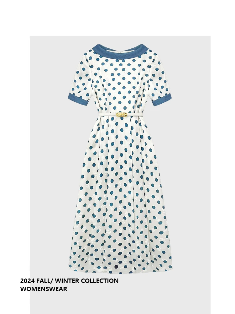 

Женское летнее платье миди Forever 2 в стиле ретро, синее в горошек, приталенное, с высокой талией, А-силуэт, с воротником-стойкой