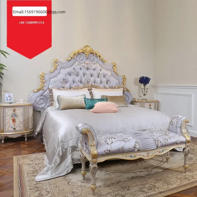 

Custom-made European luxury solid wood French court villa double cloth log carved wedding bed