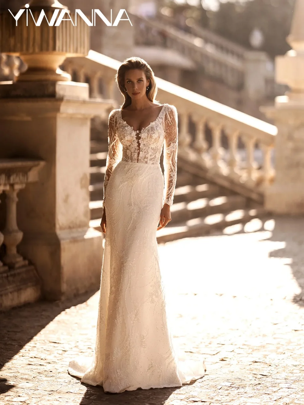 

Ivory Beaded Appliques Long Sleeved Wedding Dress Floor-length Mermaid Bridal Gown New Customized Attractive Dresses For Bride