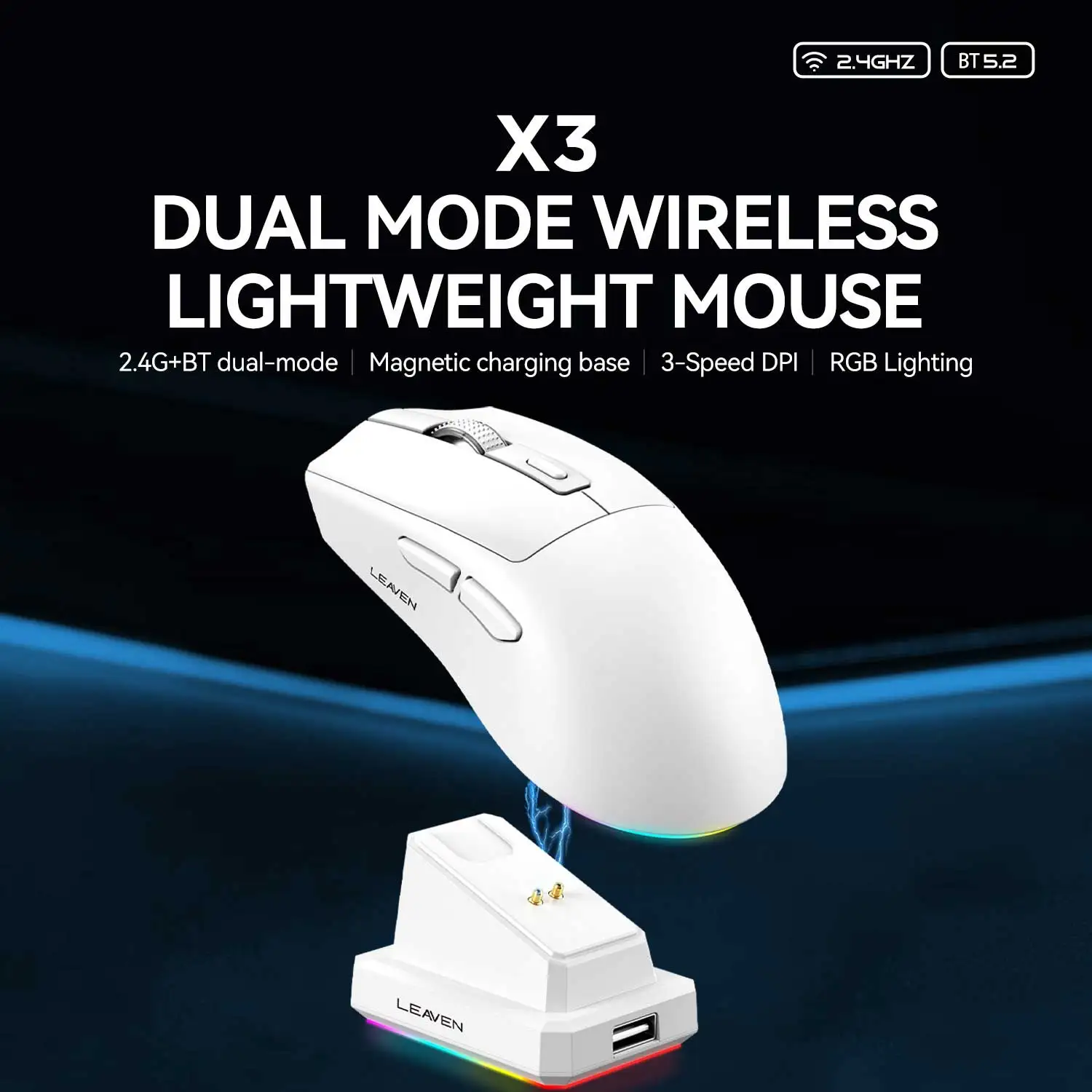 

Беспроводная Bluetooth-мышь X3, двухрежимное соединение 2,4G, регулируемое разрешение, легкая игровая мышь, RGB-подсветка, емкость аккумулятора 300 мАч