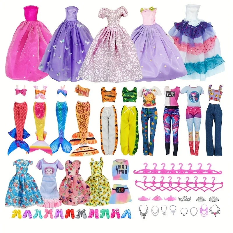 55pcs Set Doll Clothes and Accessories for 11.5in/30cm Fashion Dresses Mermaid Dress Top and Pants Hangers Shoes Christmas Gift