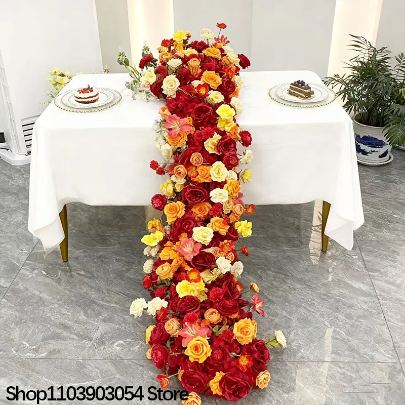 أحمر/برتقالي/أصفر فاخر وردي كوبية أريكة الجدول عداء زهرة الزفاف خلفية الديكور تشكيلة صف الزهور الدعائم الحدث