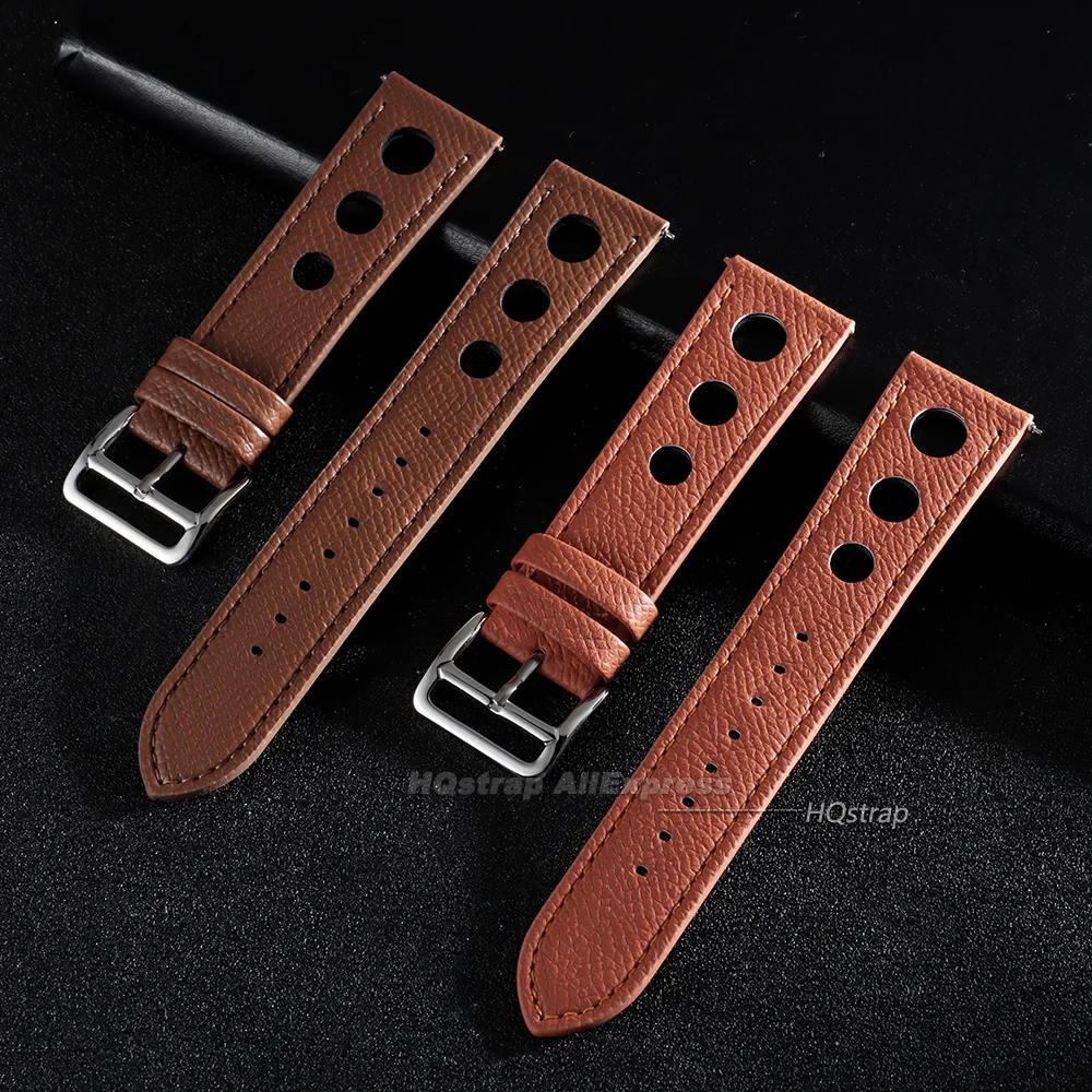 New Breathable Porous Watch Band 20mm 22mm Leather Strap Men Women Universal Wristband Business Stitching Bracelet Accessories