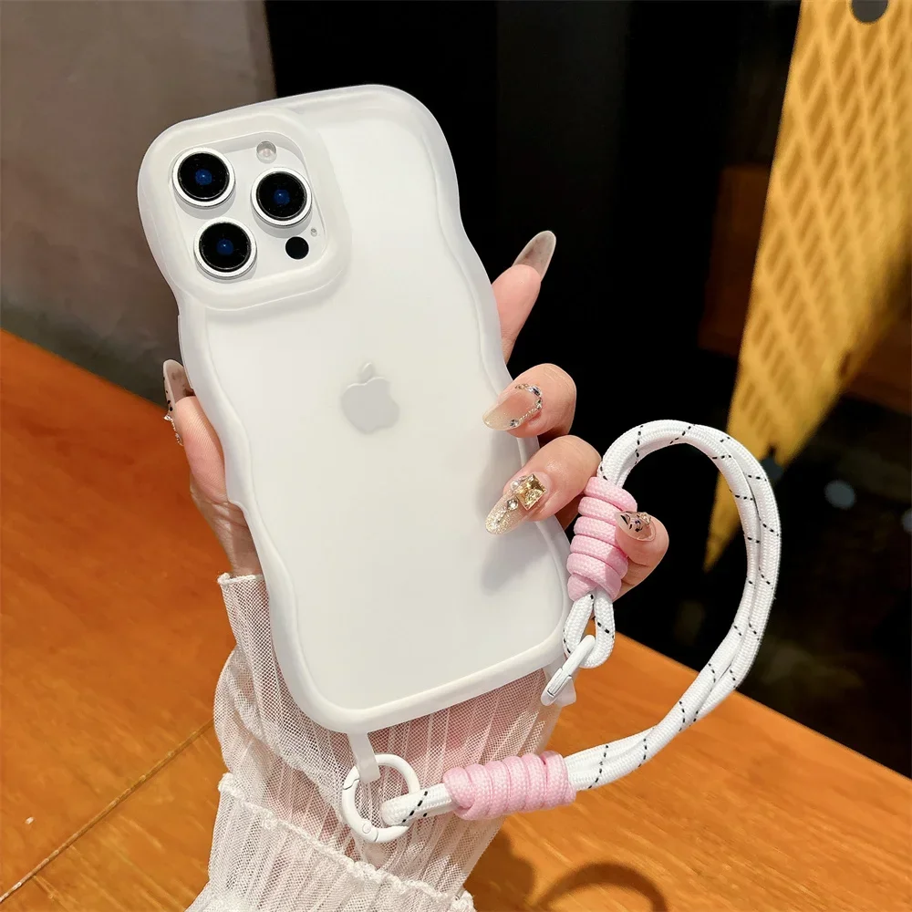 Bonbonfarbene weiche Silikon-Handyhülle mit Handschlaufe für iPhone 16 Pro Max 15 14 13 Wave Edge Frame Schutzhülle