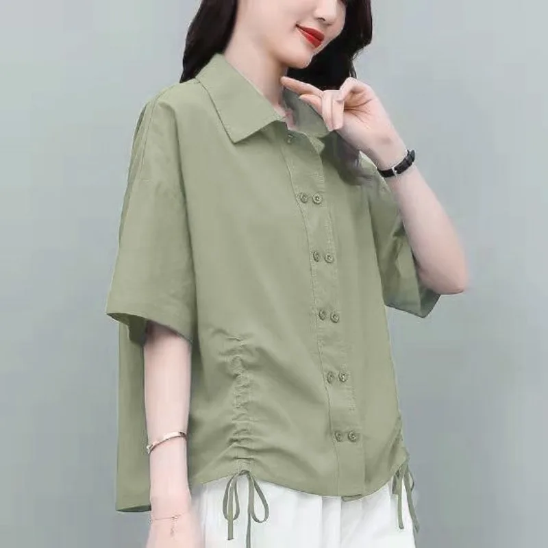 2023 Summer New Short Sleeve Fashion Cotton Shirt for Women Loose Lapel Pleated Casual Blouse Solid Color Button Vintage Tops