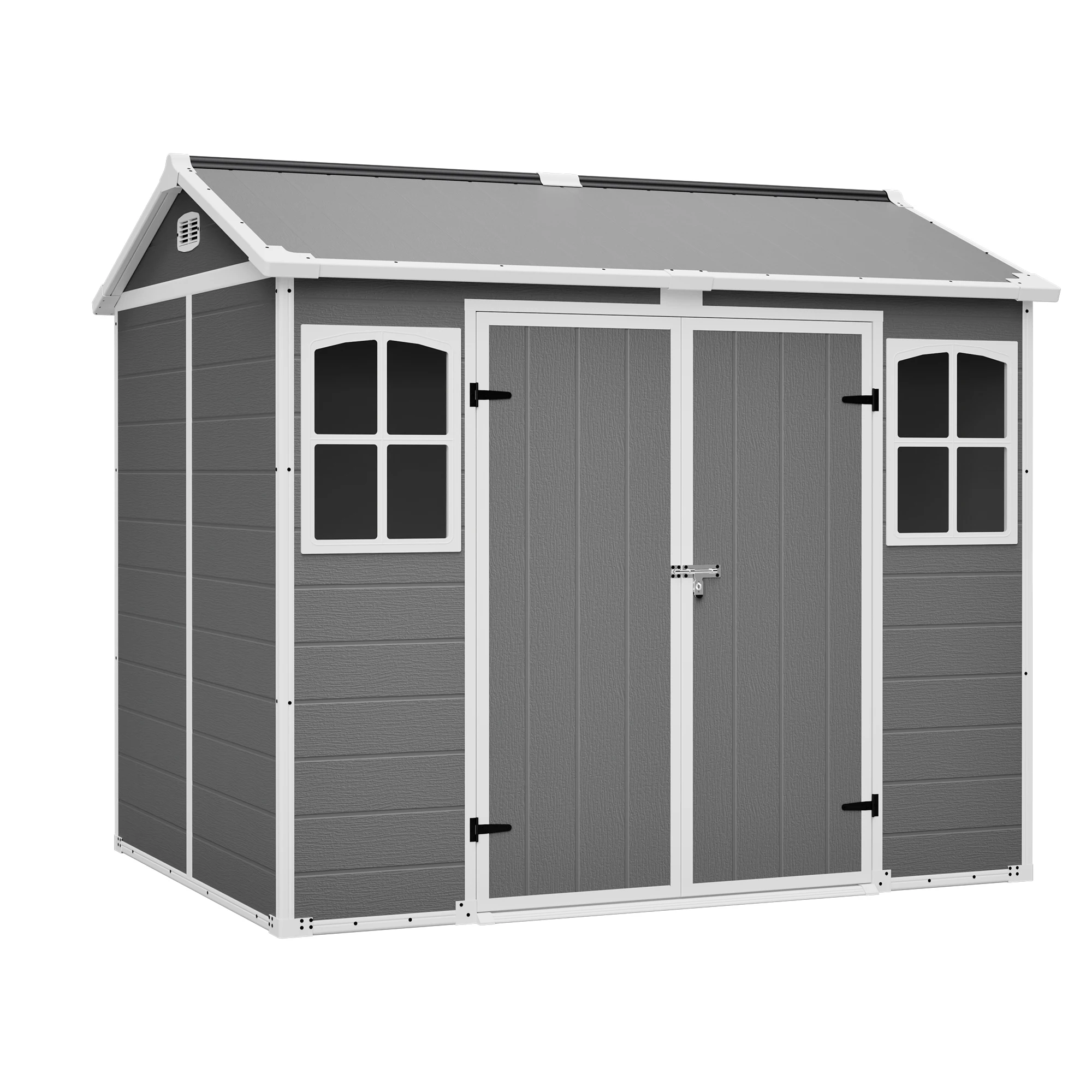 Resin Utility Shed 8 FT x 6 FT with Floor – Lockable Storage Shed for Garden Tools & Trash Bins, All-Weather Outdoor Organizer in Gray-White