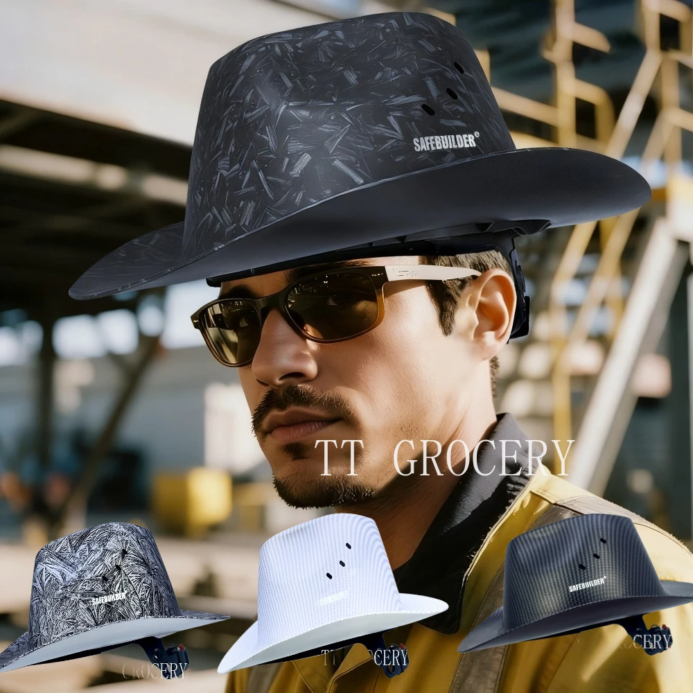 

Carbon Fiber Full Brim Cowboy Hard Hat - Outdoor Fashion Protective Safety Helmet with Sunshade, ANSI Z89.1 Class C Compliant