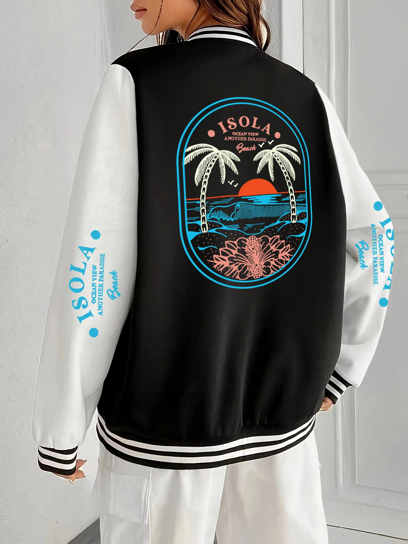 

Isola Beach Blue Word Printing Бейсбольный трикотаж Женские осенние мягкие куртки Повседневная свободная модная женская одежда Универсальная куртка
