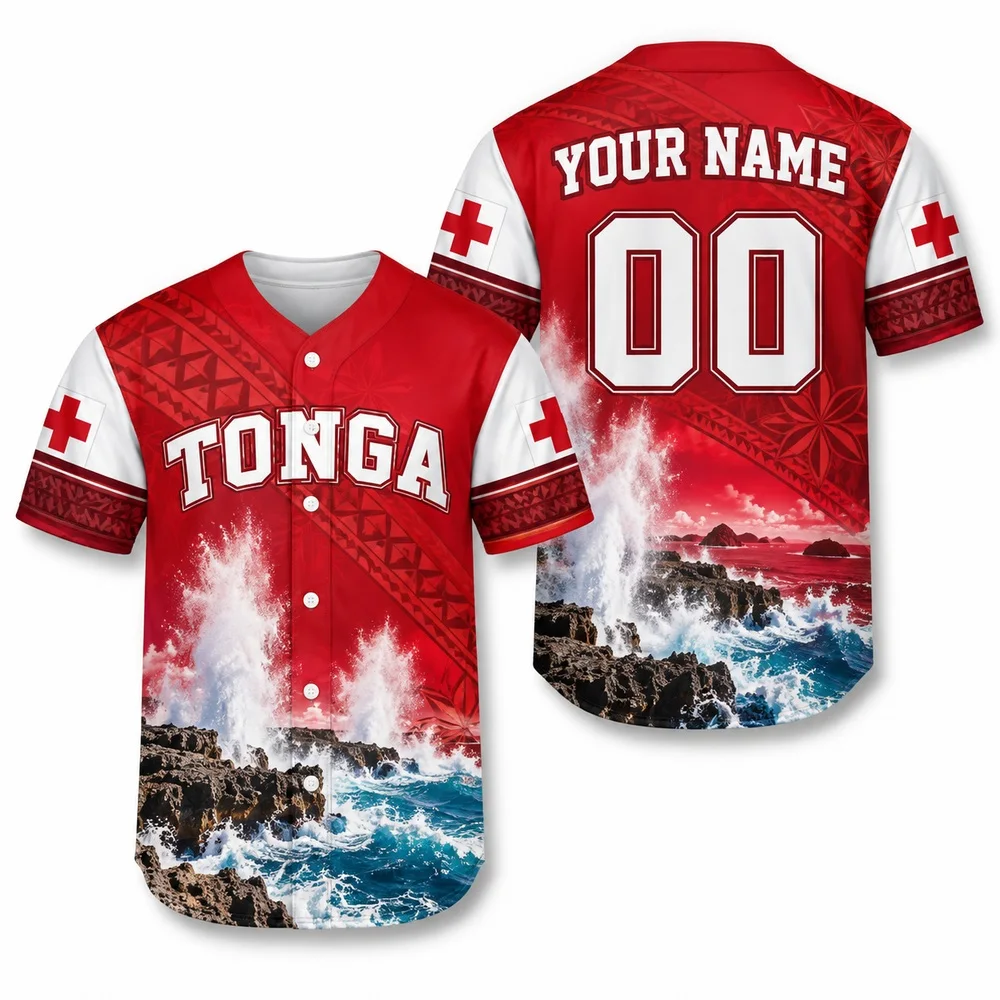 Tonga Heritage Shirts with Red White Artwork Baseball Jersey Personalized Name Number and Tropical Pattern Jerseys Shirt