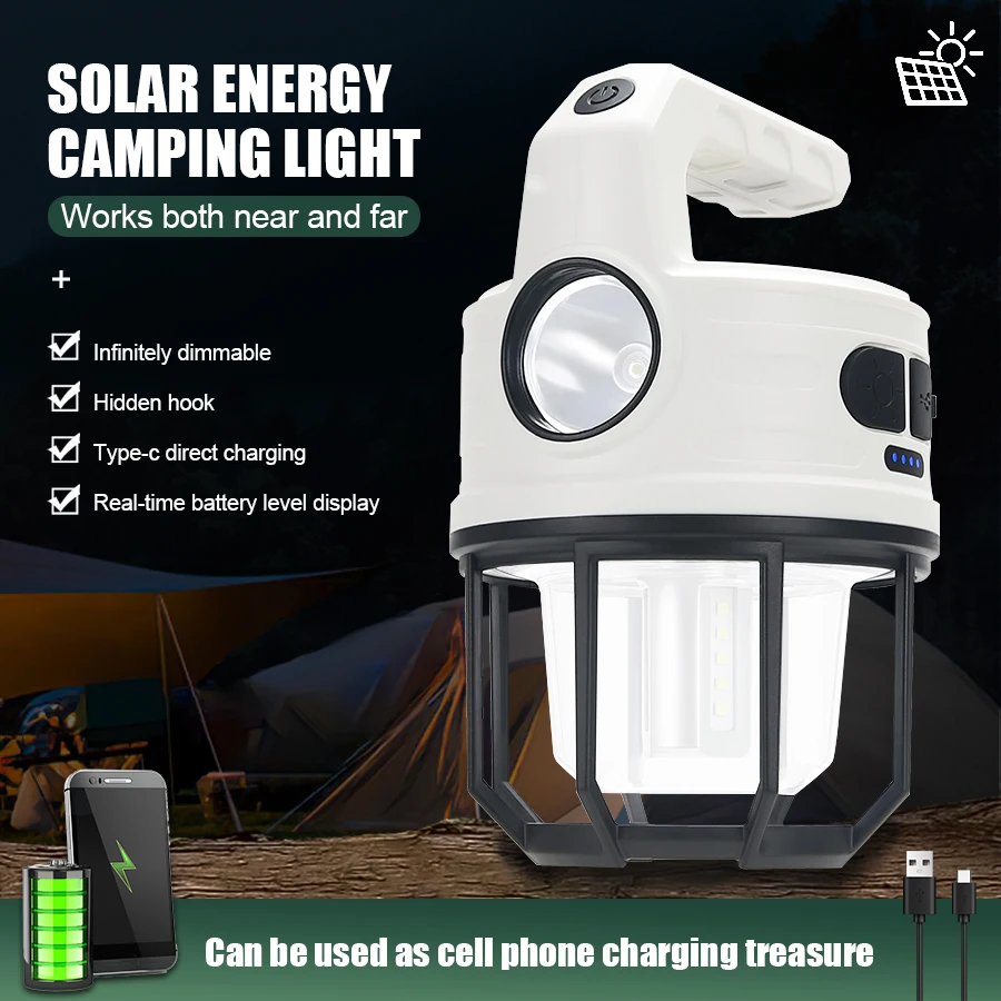 

LED Rechargeable Solar Lights Camping Tent Atmosphere Super Long Endurance Portable Solar Emergency Hanging Lights Flashlight