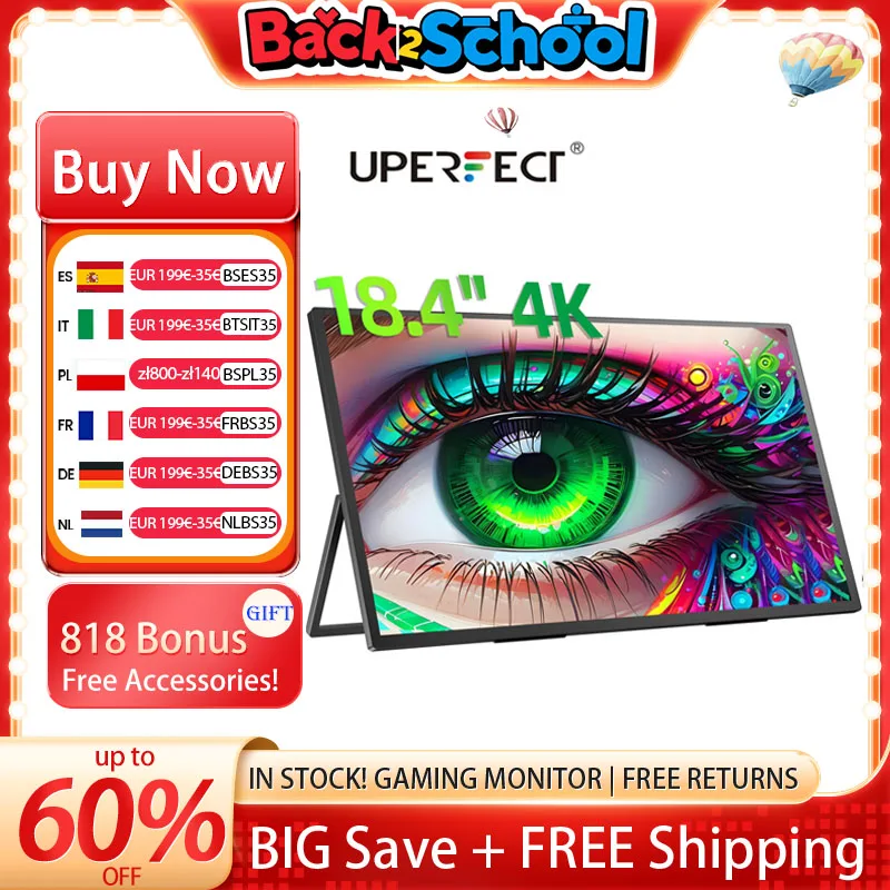 UPERFECT UBox T118 18.4 Monitor portatili Display da gioco 4K 60Hz USB C HDMI per PS5/4 Switch Laptop PC Mac Xbox Estendi lo schermo