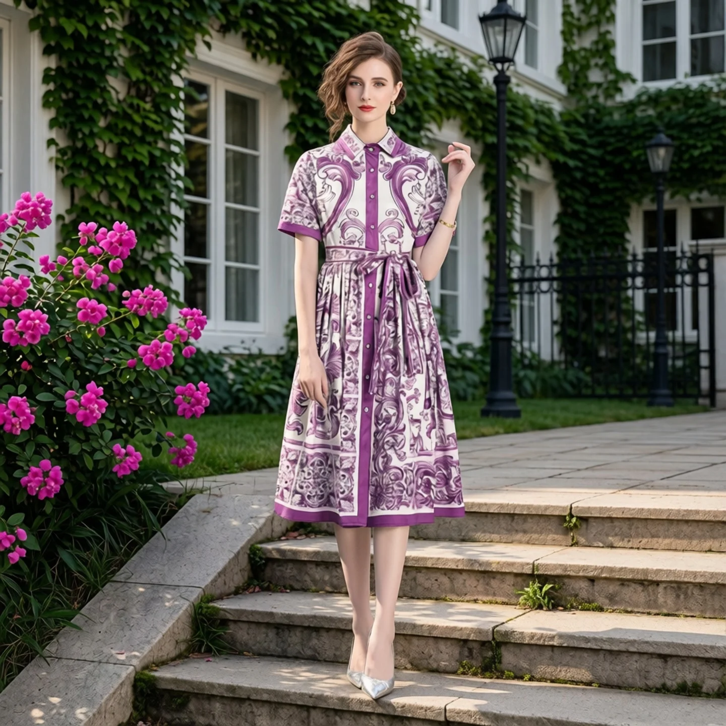 Elegant Celebrity Style Midi Dress Large Floral Print Knee-Length plus Size Women's Fashionable Spring Shirt Dress High Waist image 3