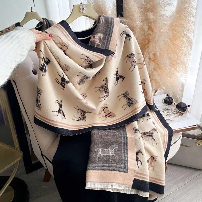 2026 Fall Winter Women Color Block Horse Jacquard Scarf Double Sided Thick Long Shawl Wrap Vintage Premium Elegant Casual