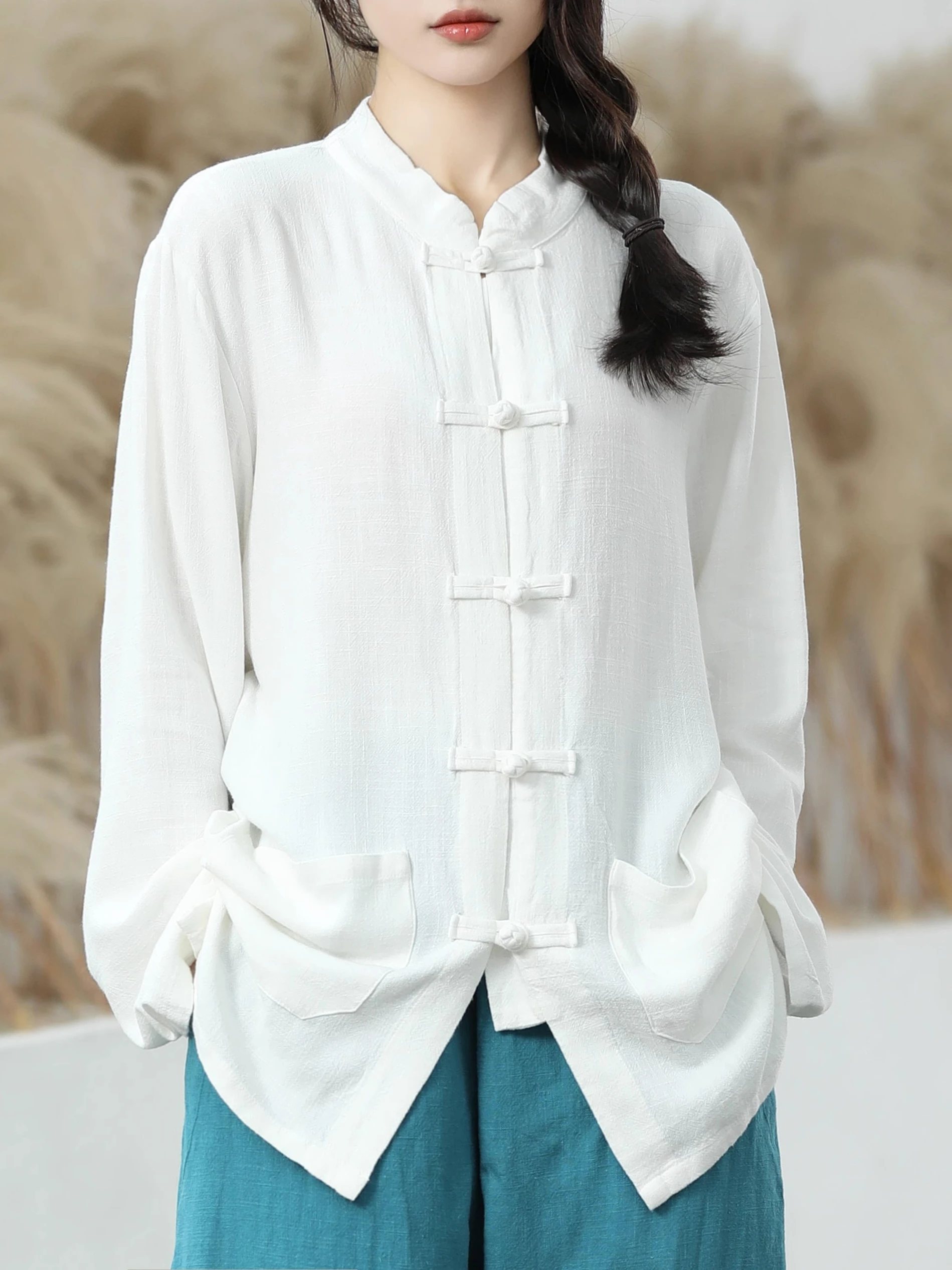 레트로 순색 롱 셔츠 버튼 달린 태극복 스타일 면 린넨 슬림핏 여성 비즈니스 캐주얼 셔츠