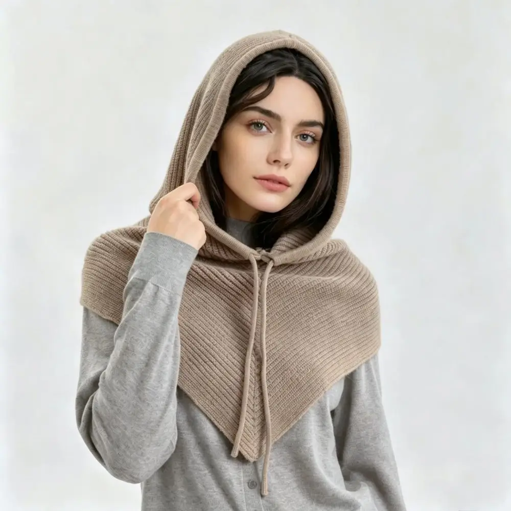 Soft Knitted Balaclava Hat Winter Warm Hooded Scarf Integrated Thermal Neck Warmer Adjustable Drawstring Windproof Fashion Cap