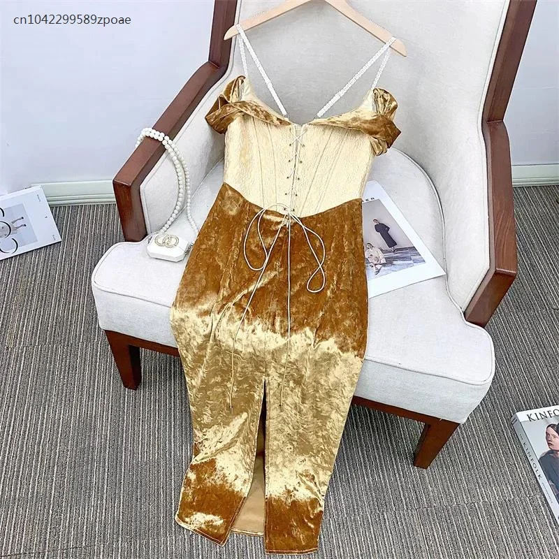 MN1 Spaghetti Strap Vintage Designer Runway Gold Party Sexy Women Dress Lady Chic Trendy European Elegant 20249*Jy