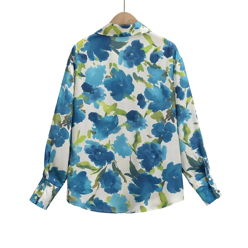 2024ZAR * Spring/Summer New Women\'s V-neck Button Decoration Silk Satin Texture Printed Long sleeved Shirt