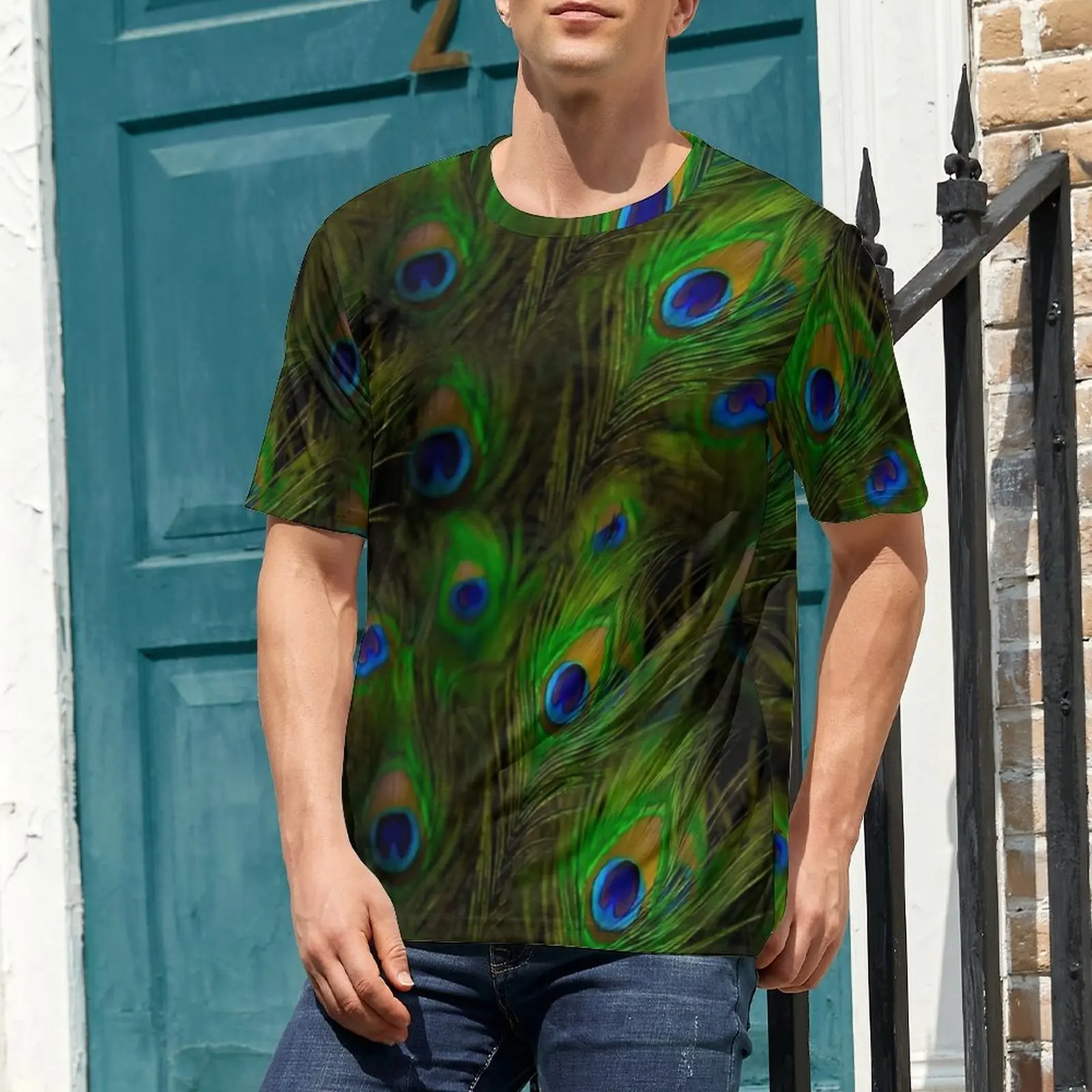 Peacock Feather T Shirt Plummage Print Vintage T-Shirts Male Casual Tee Shirt Original Short Sleeve Graphic Top Tees Plus Size