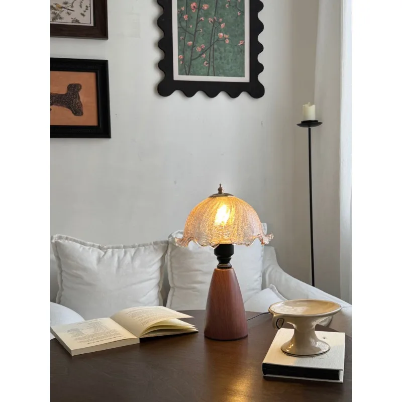 Medieval wabi-sabi wind table lamp bedroom bedside lamp retro American French walnut glass ceramic decorative night lamp