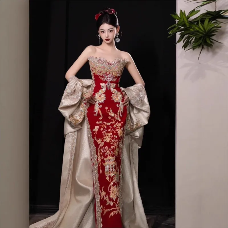Novo vestido de noiva luxuoso estilo chinês para brindar e tradicional chinesa