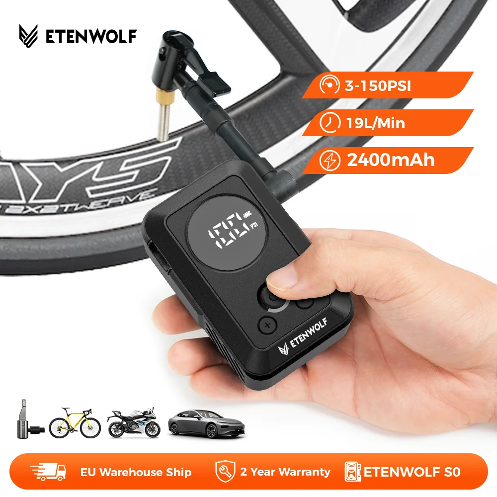 ETENWOLF S0 Fahrradpumpe 15L/Min 2400mAh Akku-Luftpumpe 150 PSI für Autos, Mountainbikes/Rennräder, Sportbälle