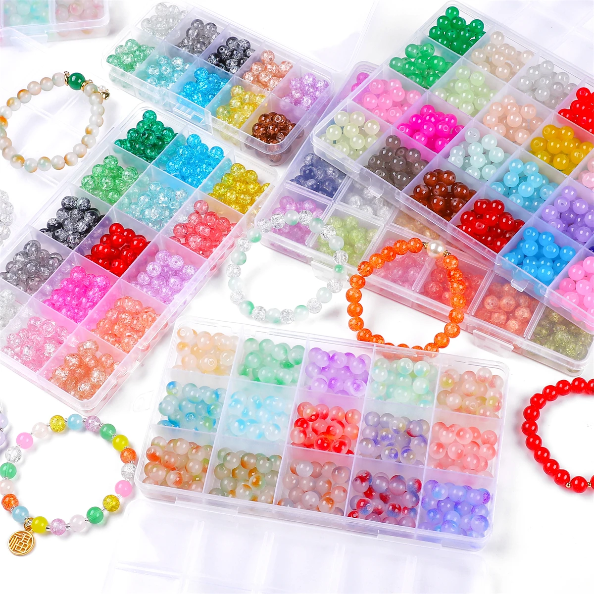 10/15/24 Grid Box 8mm Solid Color Glass Beads Glass Jelly Double Round Beads Set For DIY Bracelet Necklace Accessories 20pcs/gri