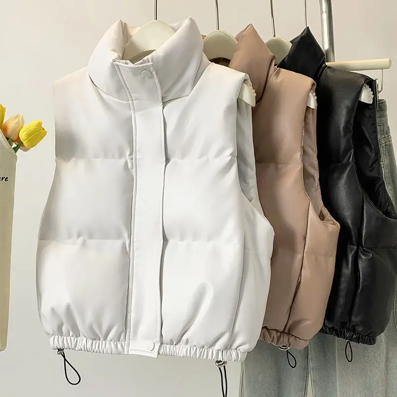 Milk white vest women's Korean version age reducing sleeveless PU leather cotton jacket trend  coats  vest for women