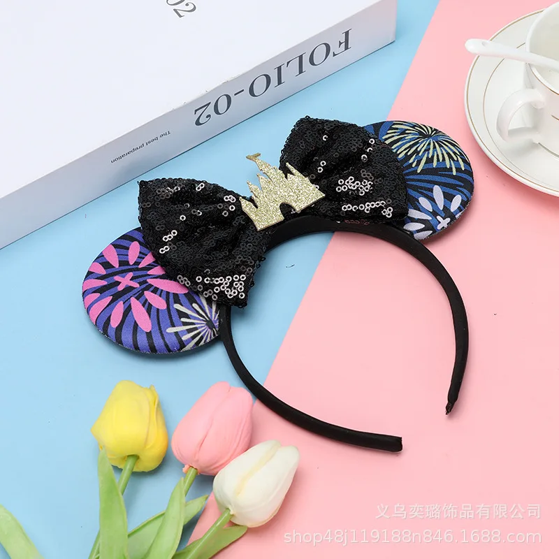 Disney Castle Hair Bands For Girls Festival Bloom Fireworks Hair Accessories Women Mickey Ears Headband Kid Sequins Bow Headwear