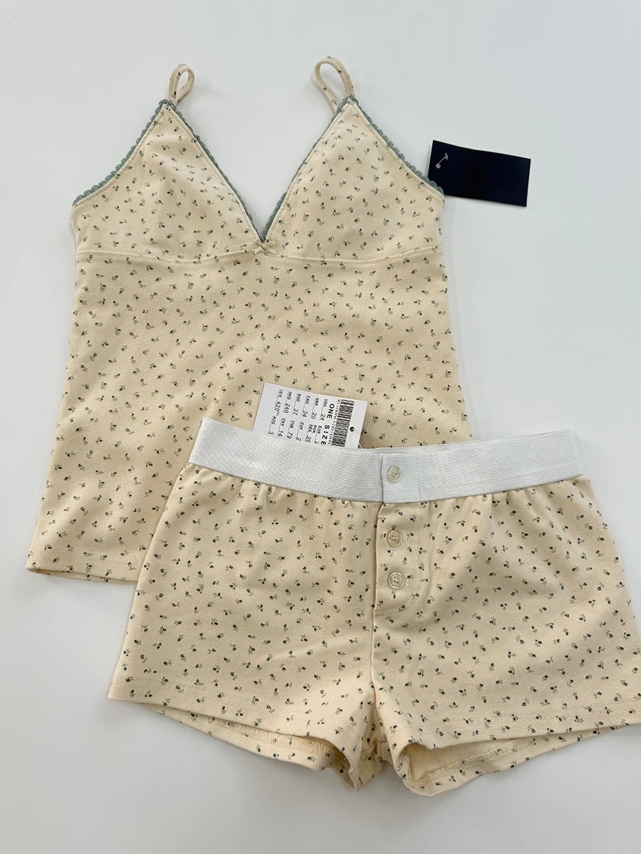

Sweet Floral Home 2 Piece Sets Women Cotton Sleeveless Crop Top+Elastic Waist Straight Short Pant Vintage Tank Shorts Pajama Set