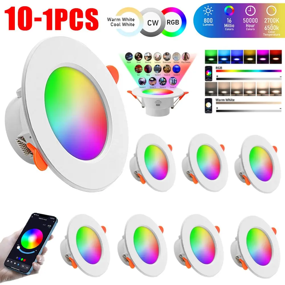 1-10 PCS LED Downlight Smart Life Dimming Spot Bluetooth lamp 710W RGB+CW+WW Change Warm Cool Night light Work with Alexa