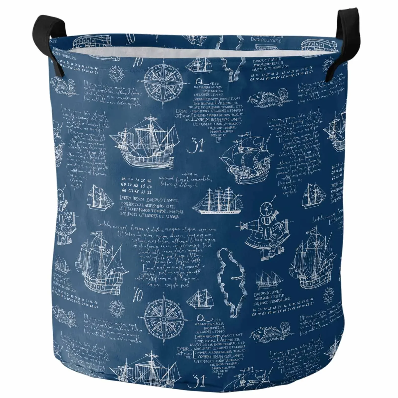 Navigation, Ships, Hand Drawn,Laundry Basket Portable Foldable Household Laundry Storage Bag Oxford Cloth Dirty Clothes Basket