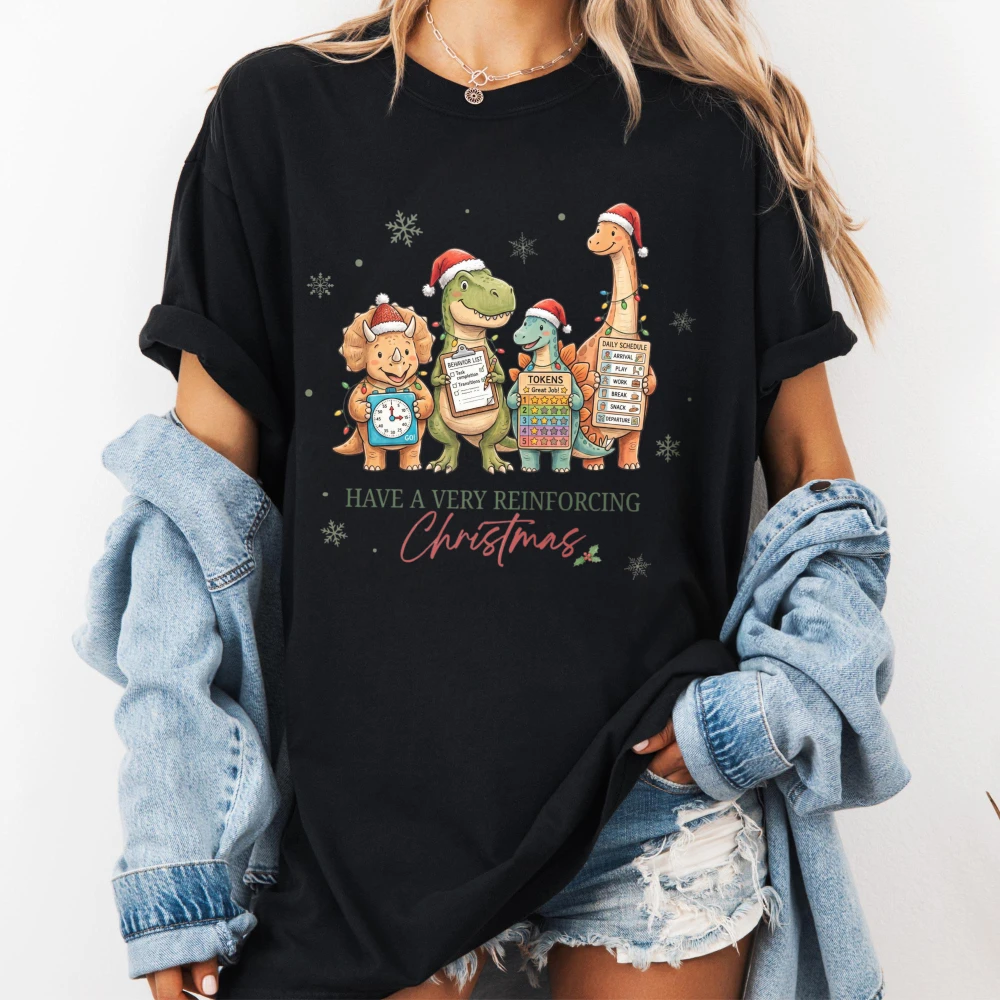 Funny Dinosaur ABA Therapist Christmas Graphic T-Shirt Behavior Technician BCBA RBT T Shirts Gift Dinosaur Xmas Cotton T-Shirt